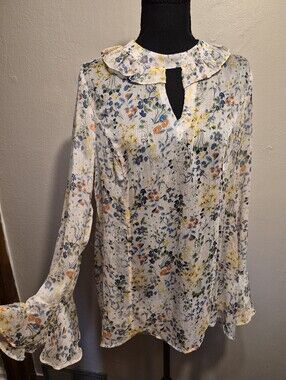 Easel Women's Floral Long-Bell Sleeve Ruffled Sheer Blouse w/ Keyhole Medium